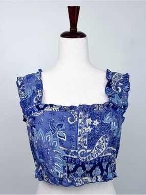 Angie LARGE Blue Bohemian '70s Patchwork Paisley Ruffle Sleeveless Crop Top NWT